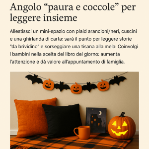 angolo lettura Halloween con plaid arancioni e cuscini