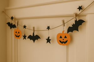 ghirlande di zucche e pipistrelli di cartoncino per decorare la casa